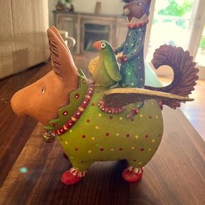 Sweet fantastical flying PIG with a canine & bird as passengers